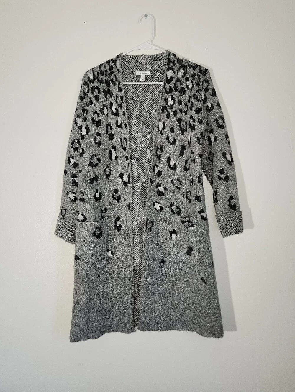 Women's Nine West Open-Front Gray Leopard Print Long Cardigan Sweater